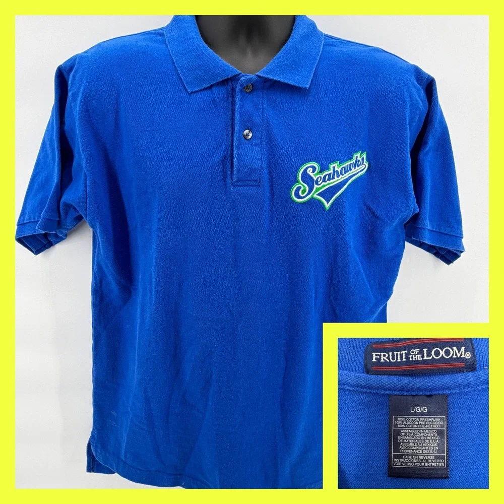 Vintage Fruit of the Loom Seattle Seahawks Polo Shirt Large Blue Embroidered 90s